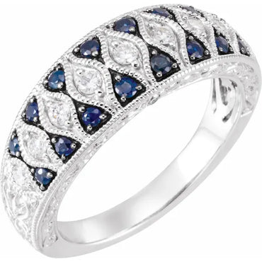 Blue Sapphire & Diamond Granulated Design Ring