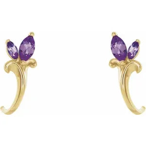 14K Yellow Natural Amethyst Floral J-Hoop Earrings