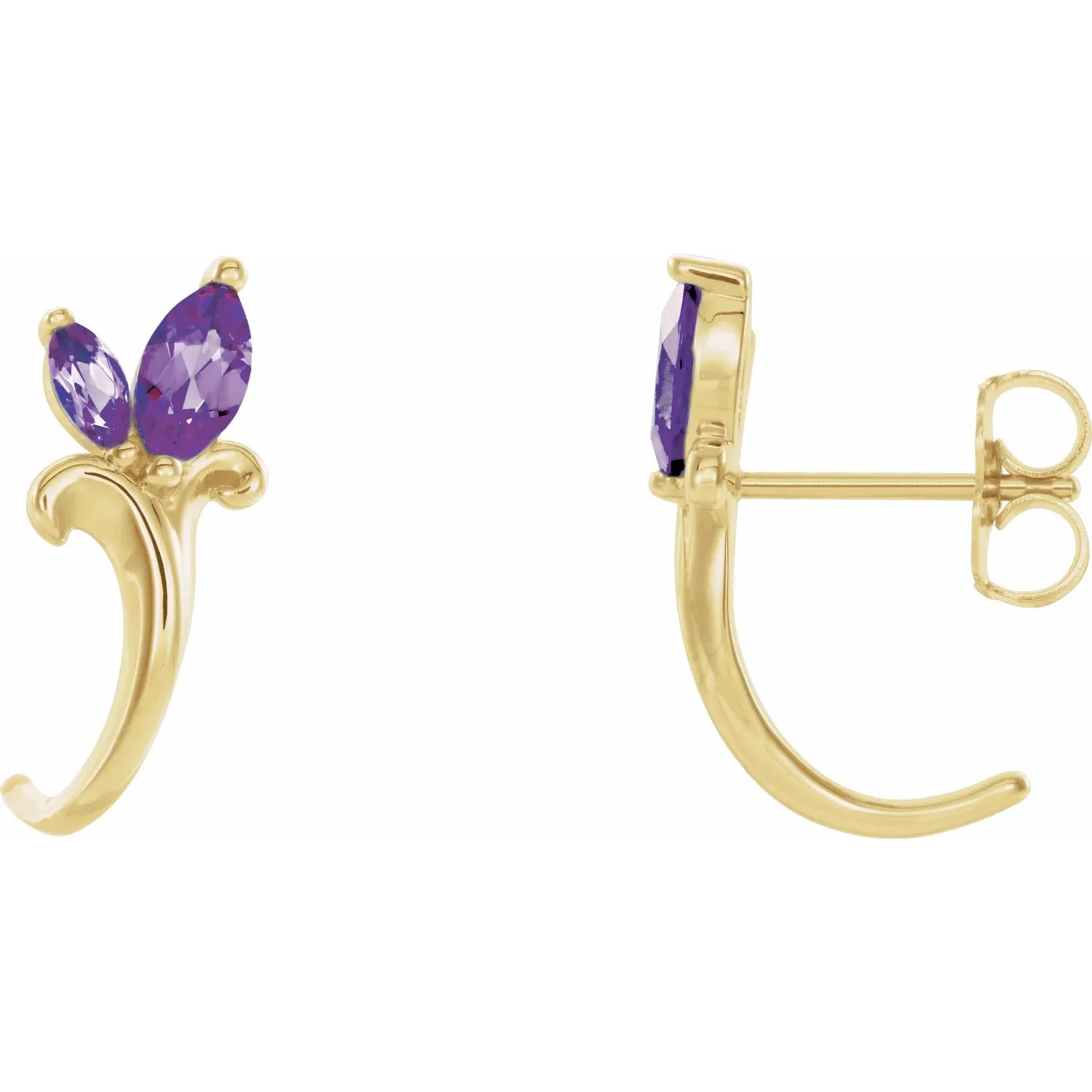 14K Yellow Natural Amethyst Floral J-Hoop Earrings