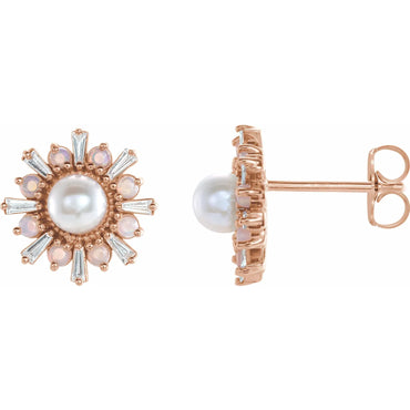 14K Rose Cultured White Akoya Pearl, Natural White Opal & 1/6 CTW Natural Diamond Earrings