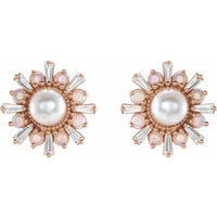 14K Rose Cultured White Akoya Pearl, Natural White Opal & 1/6 CTW Natural Diamond Earrings