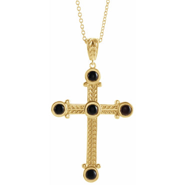 14K Yellow Natural Onyx Cross 16-18" Necklace