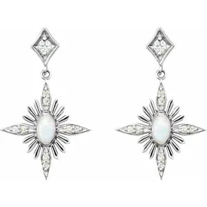 14K White Natural White Opal & 1/6 CTW Natural Diamond Celestial Earrings