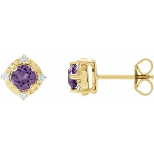 14K Yellow Natural Amethyst & .08 CTW Natural Diamond Halo-Style Earrings