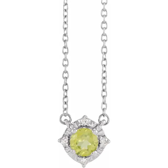 14K White Natural Peridot & .04 CTW Natural Diamond Halo-Style 18" Necklace