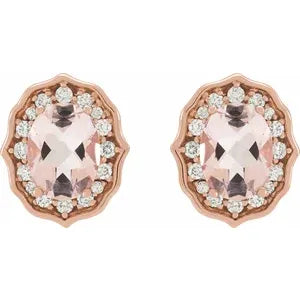 14K Rose Natural Peach Morganite & 1/3 CTW Diamond Earrings