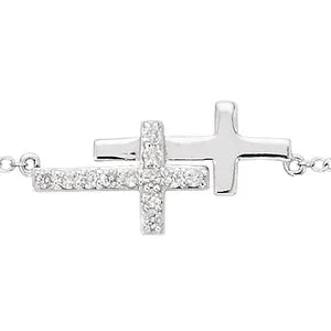 Sterling Silver Imitation Cubic Zirconia Double Sideways Cross 8" Bracelet