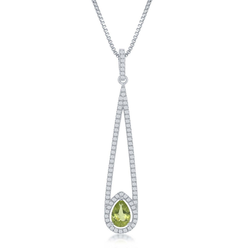 Sterling Silver Long Open 0.14ctw White Topaz and 0.13ctw Peridot Teardrop Necklace