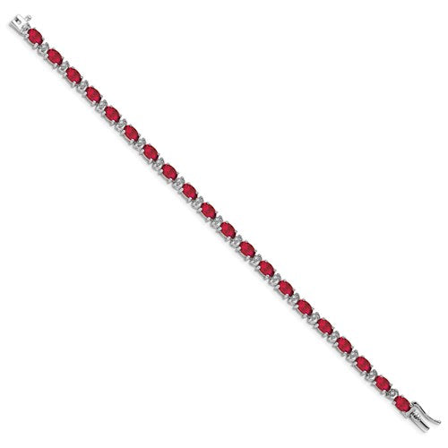 14k White Gold Oval Created Ruby and Diamond Bracelet