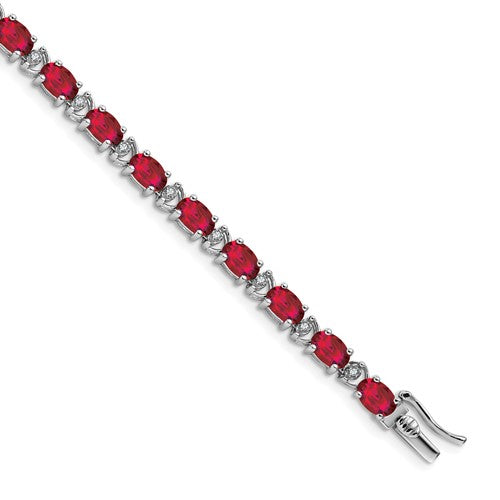 14k White Gold Oval Created Ruby and Diamond Bracelet