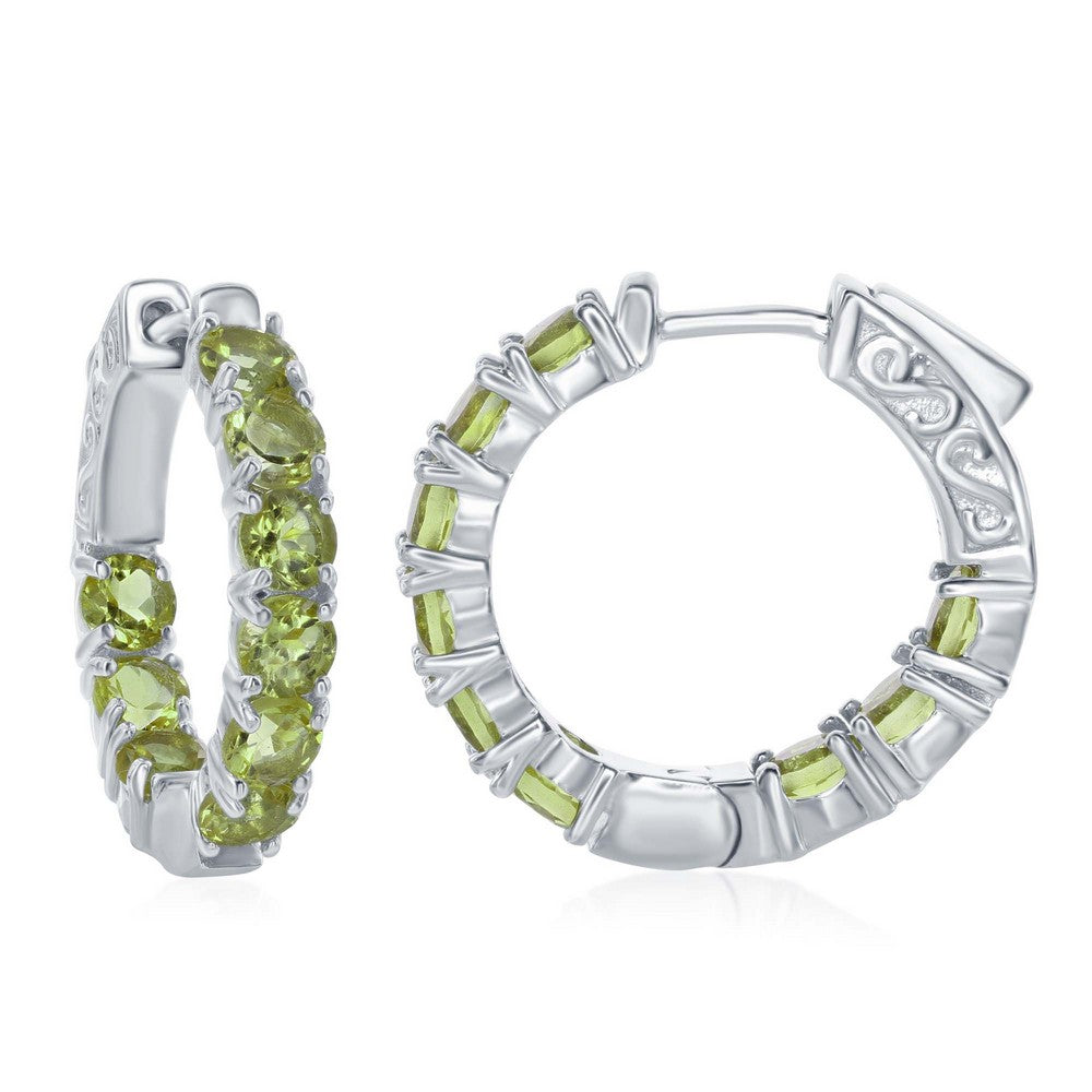 Sterling Silver, Inside-Outside Gemstone Hoop Earrings - Peridot