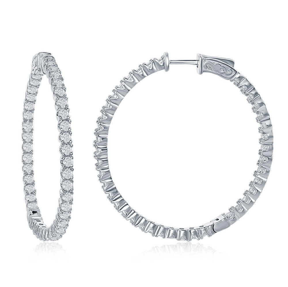 Sterling Silver 3x45mm Inside-Outside CZ Hoop Earrings