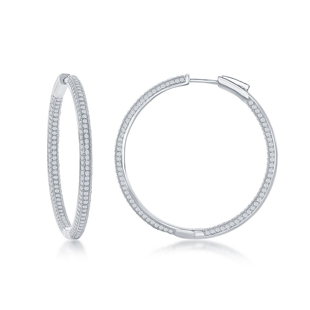 Sterling Silver 3x40mm Inside-Outside Micro Pave CZ Hoop Earrings