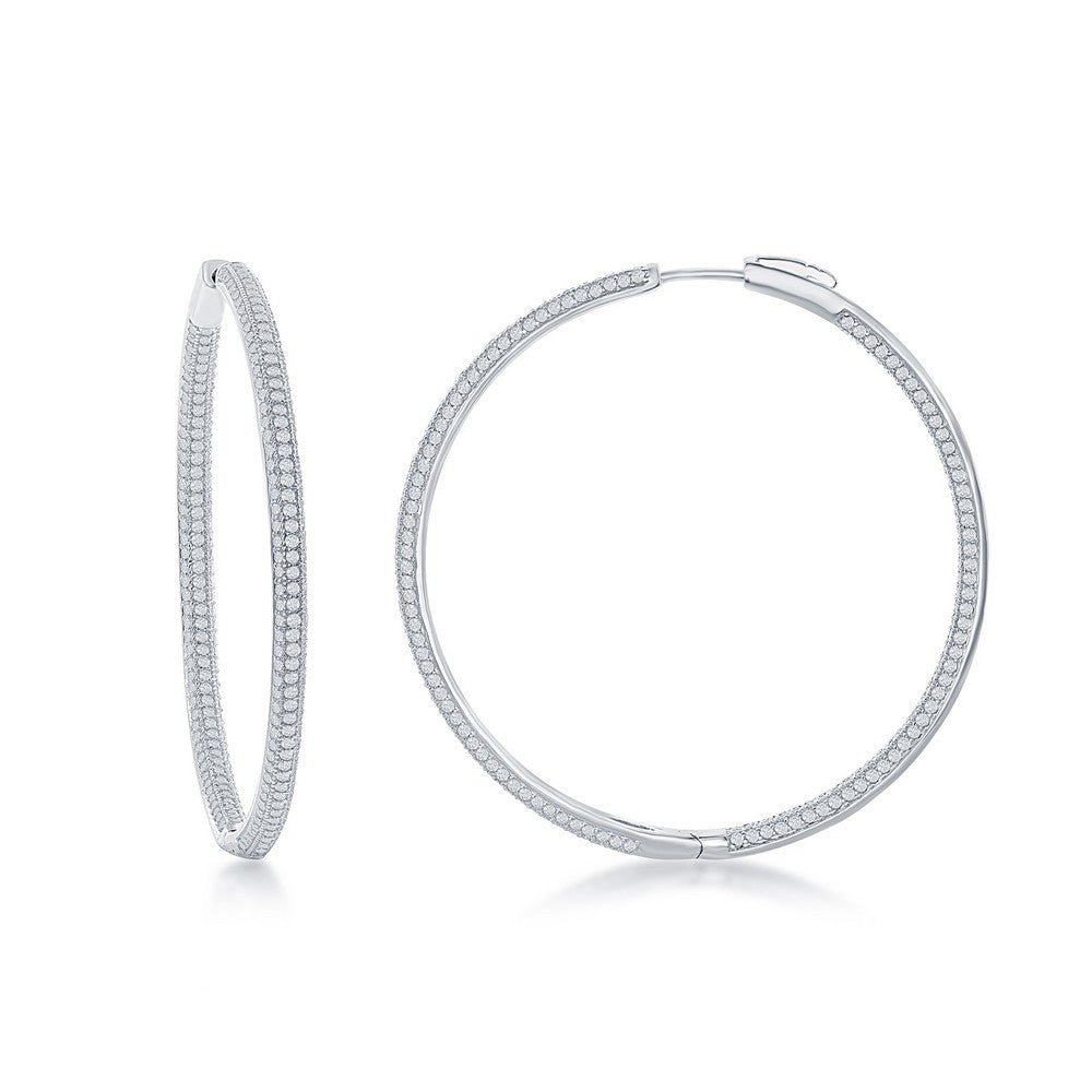 Sterling Silver 3x50mm Inside-Outside Micro Pave CZ Hoop Earrings