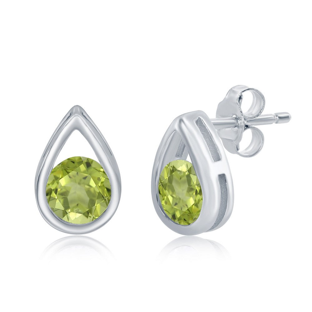 Sterling Silver Pear Shaped Earrings W/Round 'August Birthstone' Gemstone Peridot Studs Earrings