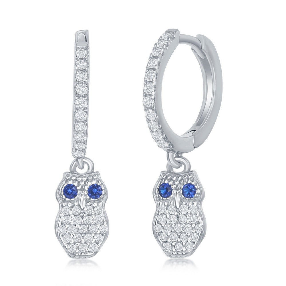 Sterling Silver Small Huggie Hoop CZ Owl Earrings