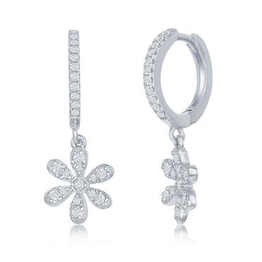 Sterling Silver Small Huggie Hoop CZ Flower Earrings
