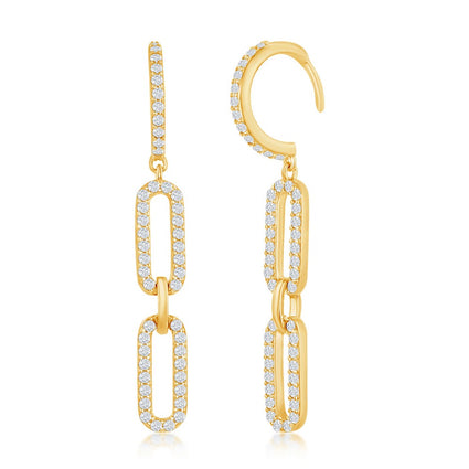 Sterling Silver Double Link CZ Paperclip Earrings - Gold Plated