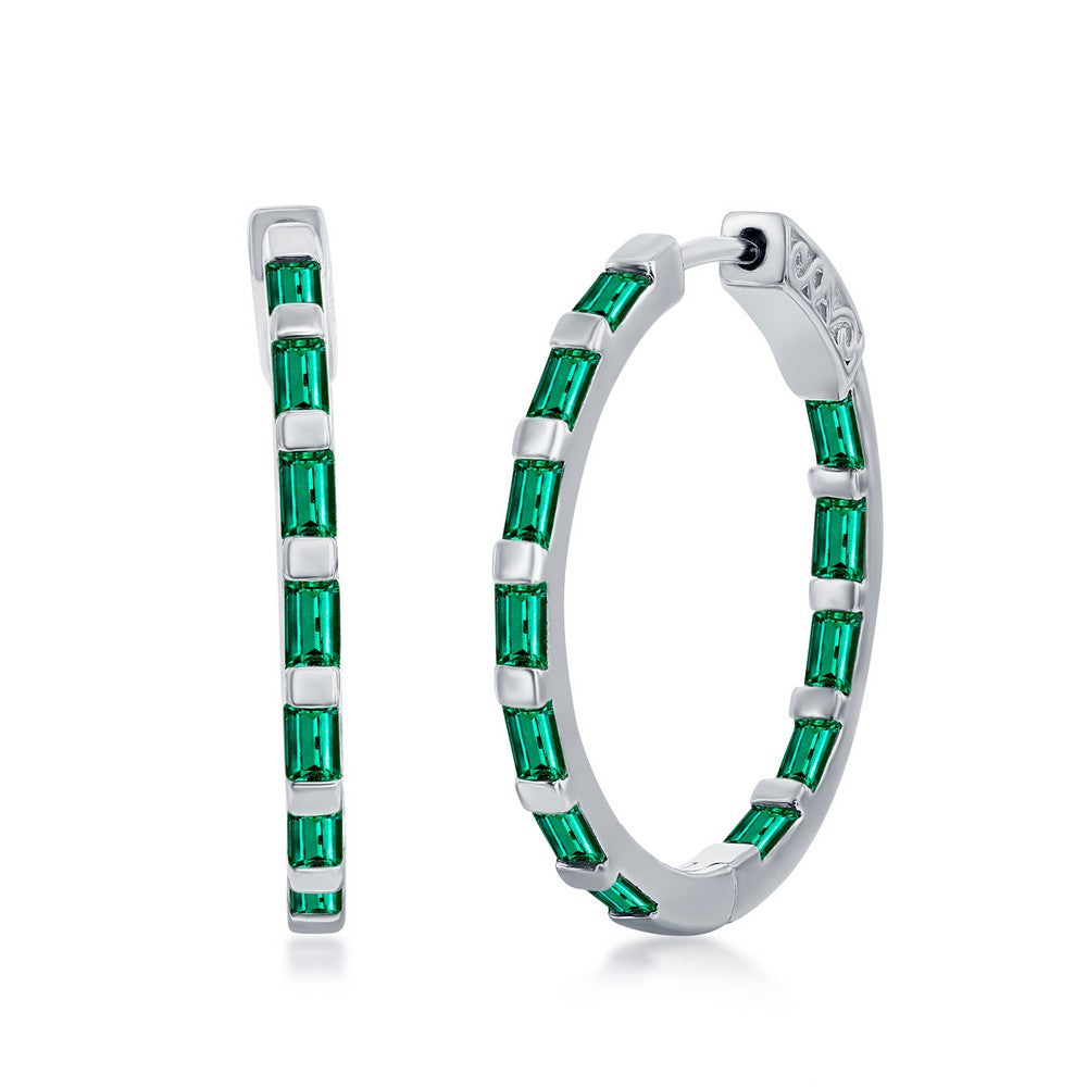 Sterling Silver Baguette CZ 25mm Hoop Earrings - Emerald CZ