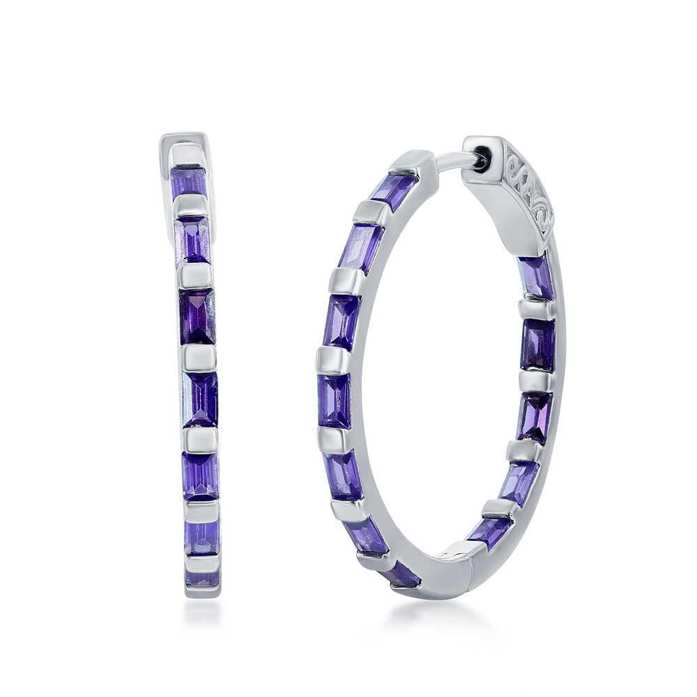 Sterling Silver Baguette CZ 25mm Hoop Earrings - Amethyst CZ