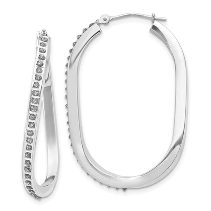 14k White Gold Diamond Fascination Oval Twist Hinged Hoop Earrings