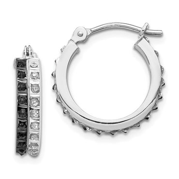 14k White Gold Diamond B and W Diamond Round Hinged Hoop Earrings