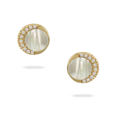 14K Yellow Gold White Orchid Diamond Earrings with White Mother of Pearl