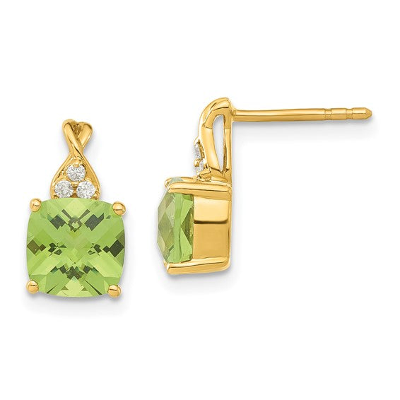 14K Yellow Gold Synthetic Checkerboard Peridot and Diamond Earrings