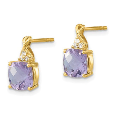 14K Yellow Gold Synthetic Checkerboard Amethyst and Diamond Earrings