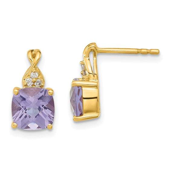 14K Yellow Gold Synthetic Checkerboard Amethyst and Diamond Earrings