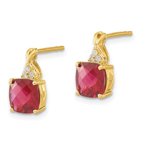 14K Yellow Gold Synthetic Checkerboard Ruby and Diamond Earrings
