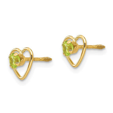 14k Yellow Gold 3mm Peridot Birthstone Heart Earrings