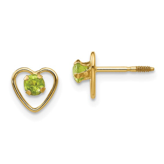 14k Yellow Gold 3mm Peridot Birthstone Heart Earrings