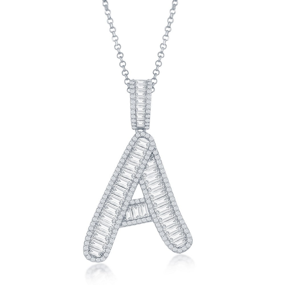 Sterling Silver Baguette CZ 'Extra Large' 'A' Initial Pendant W/Chain