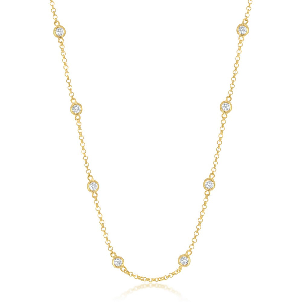 Sterling Silver Linked Necklace W/ Round CZ's - Gold Plated