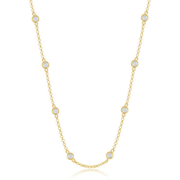 Sterling Silver Linked Necklace W/ Round CZ's - Gold Plated