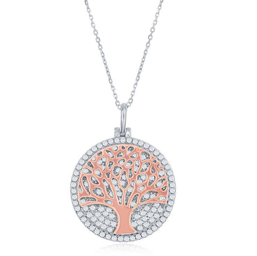 Sterling Silver Micro Pave Disc with Center Tree of Life Necklace - Rose Gold Plated
