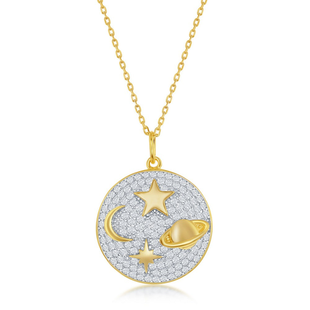 Sterling Silver Star, Moon, Saturn, North Star Round Micro Pave CZ Round Necklace - Gold Plated
