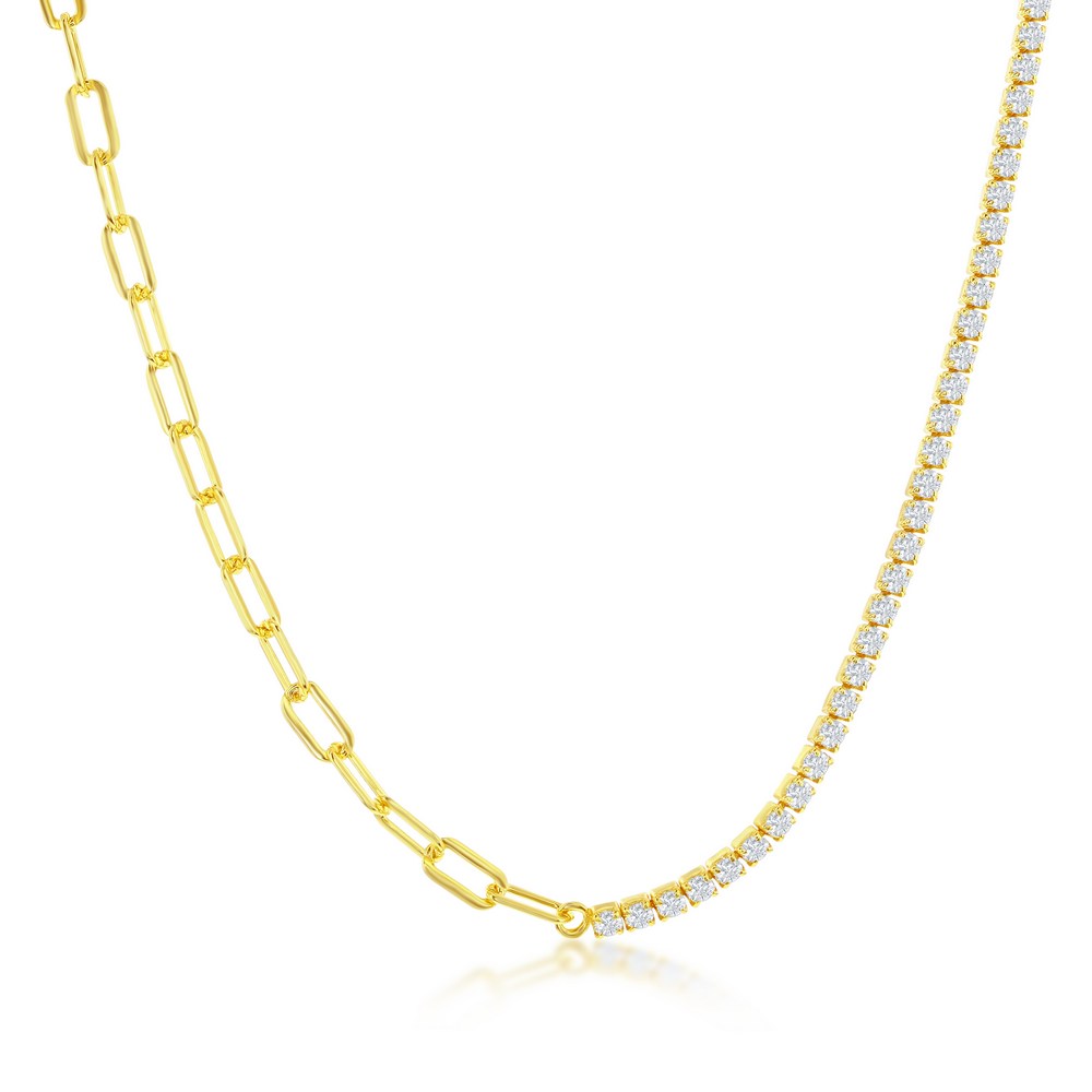 Gold Plated Sterling Silver Half 3mm Paperclip & Half 2mm Tennis Necklace