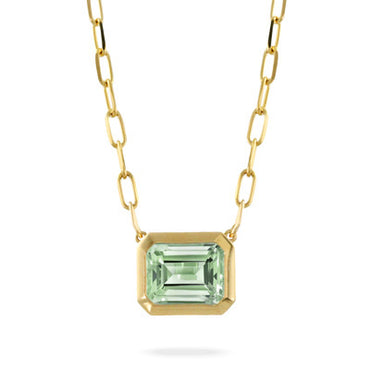 18K Yellow Gold Necklace with Paper Clip and Mint Green Amethyst Center