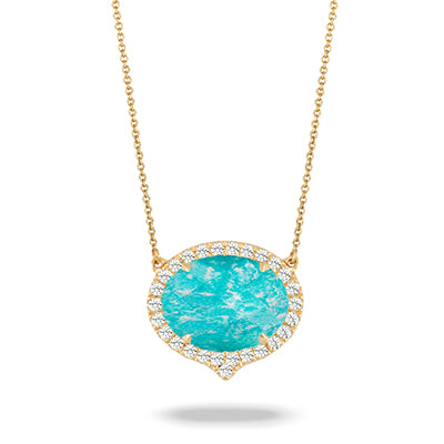 18K Yellow Gold Amazon Breeze Diamond Necklace with Clear Quartz Over Amazonite