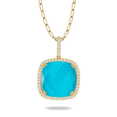 18K Yellow Gold St. Barths Diamond Pendant with Clear Quartz Over Turquoise