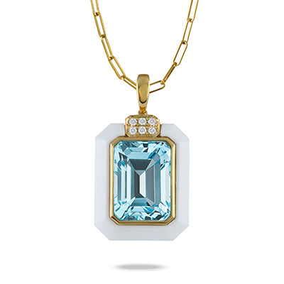 18K Yellow Gold Mykonos Diamond Pendant with White Agate and Sky Blue Topaz
