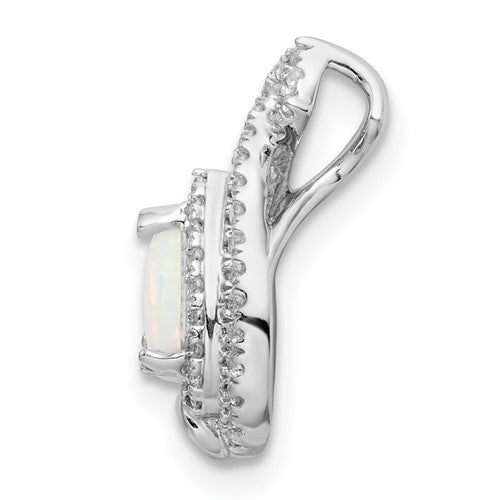 14k White Gold Polished Pear Opal and Diamond Chain Slide