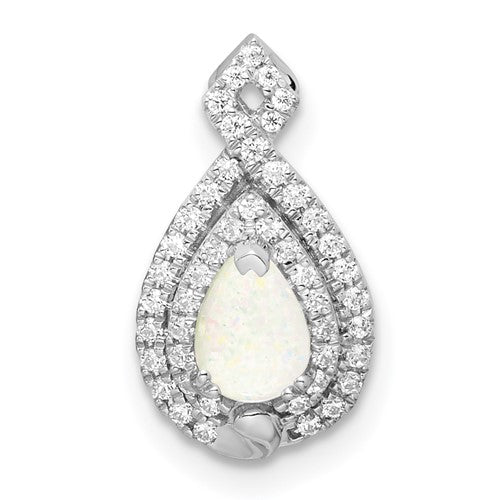 14k White Gold Polished Pear Opal and Diamond Chain Slide