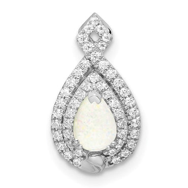 14k White Gold Polished Pear Opal and Diamond Chain Slide