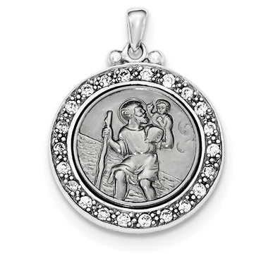 Sterling Silver with Black Ruthenium CZ Polished St. Christopher Pendant