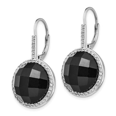 Sterling Silver Rhodium-plated Brilliant-cut CZ and Checkerboard-cut Onyx Dangle Leverback Earrings