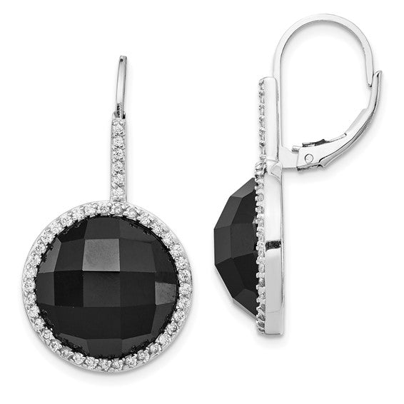 Sterling Silver Rhodium-plated Brilliant-cut CZ and Checkerboard-cut Onyx Dangle Leverback Earrings