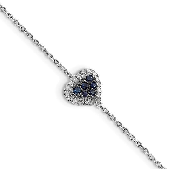 Sterling Silver Rhodium Diam. and Sapphire Heart Bracelet